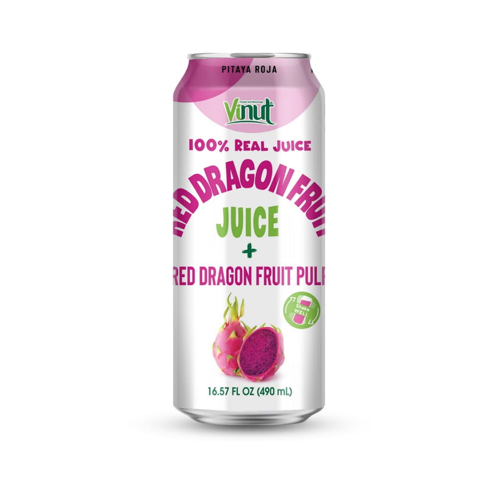 VINUT 100% Jus Sebenar Jus Buah Naga Merah + Pulpa Buah Naga Merah, Tin Ramping, 16.57 fl oz 490 mL