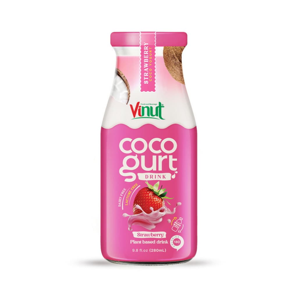 VINUT Minuman Cocogurt Strawberi, Minuman Berasaskan Tumbuhan, Botol Kaca, 9.8 fl oz 280 mL