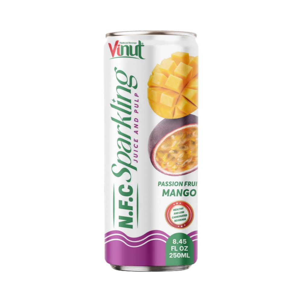 VINUT Jus Berkarbonat dan Pulpa N.F.C Markisa Mangga, Tin Ramping, 8.45 fl oz 250 mL